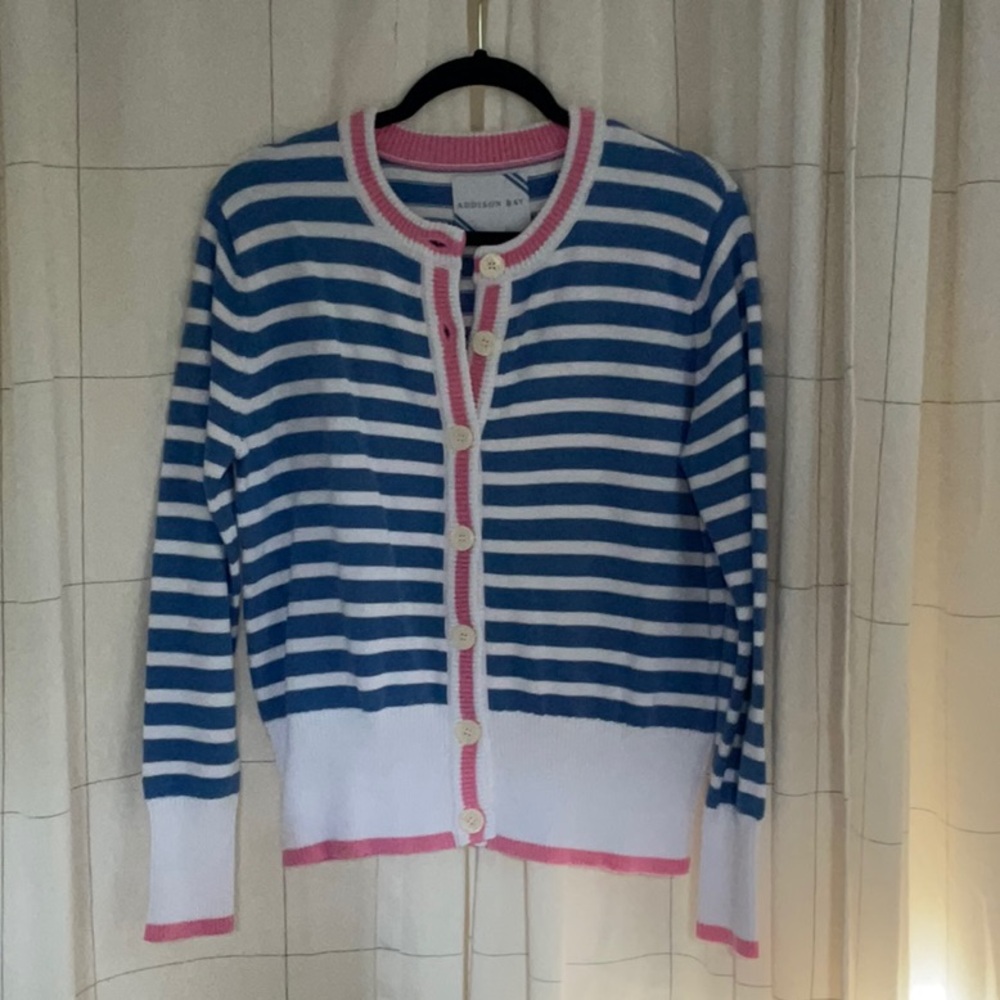 Addison Bay Blue and White Striped Cardigan with Pink Trim